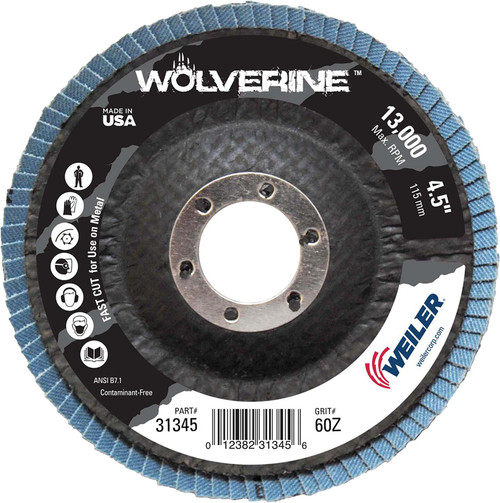 PG118 - 4-1/2" WOLVERINE ABRASIVE FLAP DISC, ANGLED, PHENOLIC BACKING, 60Z, 7/8" HOLE PG118 - 4-1/2" WOLVERINE ABRASIVE FLAP DISC, ANGLED, PHENOLIC BACKING, 60Z, 7/8" HOLE