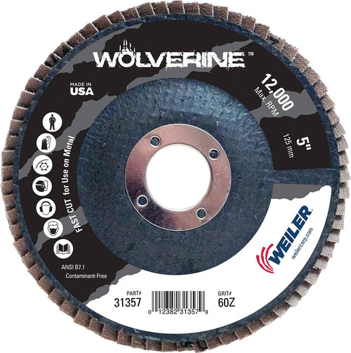 PG105 - DISQUE À RABAT ABRASIF WOLVERINE DE 5 », INCLINÉ, SUPPORT PHÉNOLIQUE, 60Z, TROU DE 7/8 »