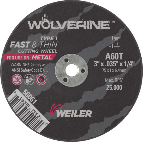 PG120 - 3" X .035" WOLVERINE TYPE 1 CUTTING WHEEL, A60T, 1/4" A.H. PG120 - 3" X .035" WOLVERINE TYPE 1 CUTTING WHEEL, A60T, 1/4" A.H.
