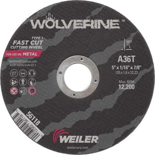 PG120 - 5" X 1/16" WOLVERINE TYPE 1 CUTTING WHEEL, A36T, 7/8" A.H. PG120 - 5" X 1/16" WOLVERINE TYPE 1 CUTTING WHEEL, A36T, 7/8" A.H.