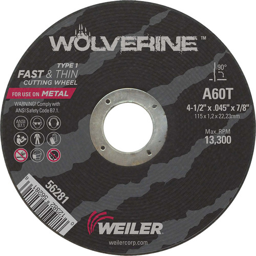 PG107 - WOLVERINE ALUMINUM OXIDE THIN CUTTING WHEEL, 4.5" DIA, TYPE 1, 0.045" THICK, 60 GRIT, 7/8" ARBOR, 13,300 RPM - PACK OF 25