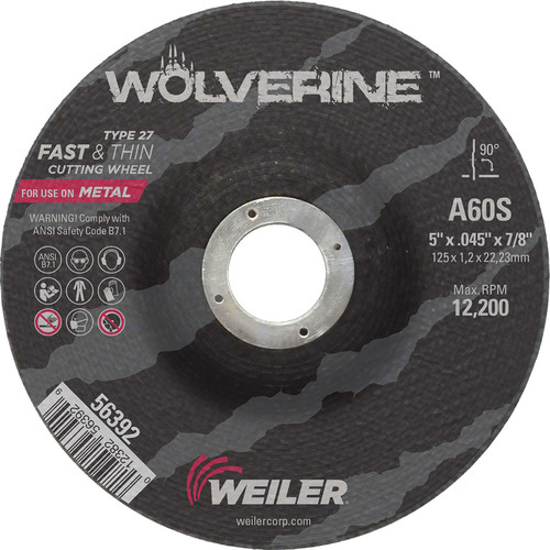 PG123 - Disque à tronçonner mince en oxyde d'aluminium Wolverine, diamètre 127 mm (5 po), type 27, épaisseur 1,14 mm (0,045 po), grain 60, alésage 22,2 mm (7/8 po), 12 200 tr/min - Lot de 25
