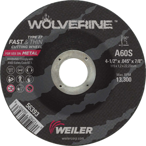 PG113 - 4-1/2" X .045" WOLVERINE TYPE 27 THIN CUTTING WHEEL, A60S, 7/8" A.H.