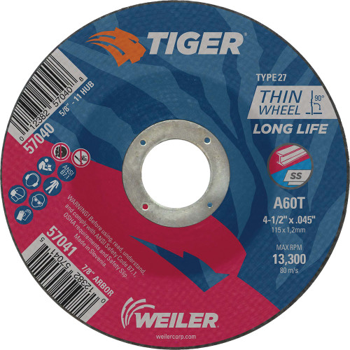 4-1/2" X .045" TIGER AO TYPE 27 CUTTING WHEEL, A60T, 7/8" A.H.