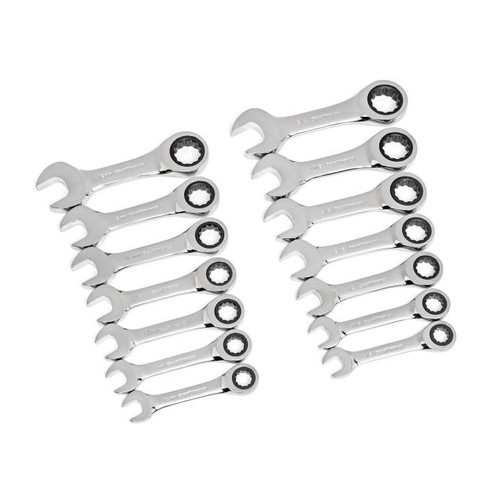 14-PC 15Ã¸ OFFSET 12 PT. STUBBY RATCHETING SAE/METRIC COMBINATION WRENCH SET  10-18MM  3/8 IN. -3/4 IN.