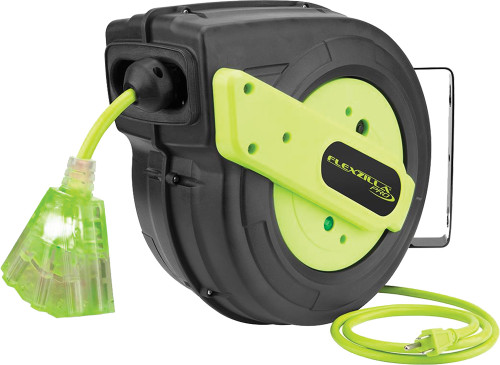 PG284 - Enrouleur de rallonge rétractable Flexzilla Pro de 18 m (60 pi) avec système d'autonivellement, 12/3 SJTOW, vert Zilla, 1875 W, 15 A
