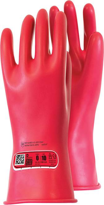14" (36CM) LONG, SIZE 10 (XL), CLASS 0, RED INSULATING GLOVES WITH ROLLED CUFF, MAX. OPERATING VOLTAGE 1000VAC/1500VDC