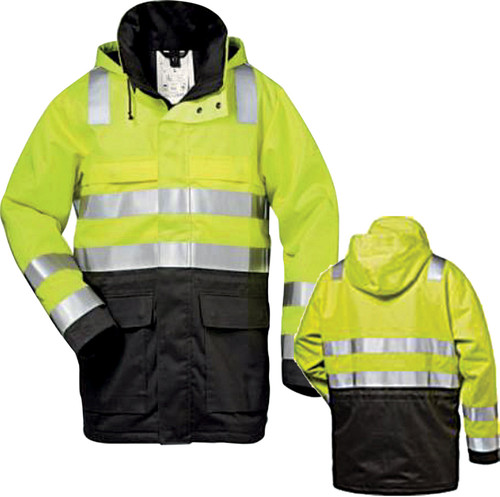 HIGH-VIZ MULTI-RISK PARKA WITH HOOD FOR PROTECTION AGAINST ELECTRIC ARC, CENTRAL ZIP WITH FLAP, ADJUST. BELT, 2 CHEST & 2 HIP POCKETS, SIZE 2XL