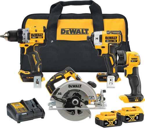 PG64 - 20V MAX* XR PREMIUM COMPACT 4 OUTILS COMBINÉ : PERCEUSE/TOURNEUSE/SCIE CIRCULAIRE/LUMIÈRE DEL, (2) PILES 20V 5AH, (1) CHARGEUR