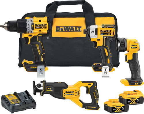 PG62  -  20V MAX* XR PREMIUM COMPACT 4-TOOL COMBO KIT: HAMMER DRILL/DRIVER/RECIPROCATING SAW/LED LIGHT, (2) 20V 5AH BATTERIES, (1) CHARGER