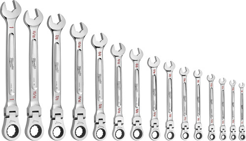 PG168 - 15-PC SAE FLEX HEAD RATCHETING COMBINATION WRENCH SET, 1/4"-1"