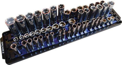 BLUE ALUMINUM RAIL SOCKET ORGANIZER TRAY WITH 50 SOCKET HOLDERS FOR 1/4", 3/8" & 1/2" DRIVE SOCKETS