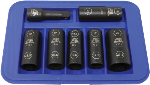 PG351 - JEU DE DOUILLE À ÉCROU DE ROUE ENDOMMAGÉ DE 7 PIÈCES AVEC DEMI-TAILLES MÉTRIQUES, 17 MM À 27,5 MM