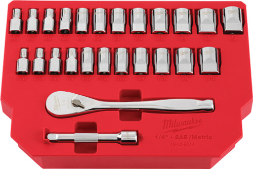PG - 25-PC 1/4" DRIVE METRIC & SAE RATCHET & SOCKET SET W/ FOUR FLAT™ SIDES, (STD 5/32"-9/16", 5-15MM)