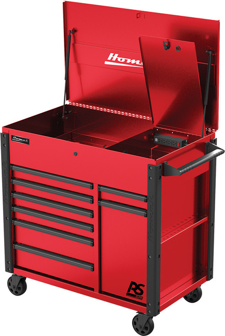 PG214 - 44" RS PRO 8-DRAWER POWER SERVICE CART W/SECURITY BOX IN TOP TILL & POWER BAR - RED