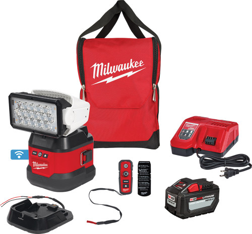 PG398 - M18™ UTILITY REMOTE CONTROL SEARCH LIGHT KIT: (1) M18 MAGNETIC BASE, (1) 12VDC HARDWIRE BASE, (1) REMOTE CONTROL, (1) M18 HD12.0 BATTERY, (1) MULTI-VOLTAGE CHARGE