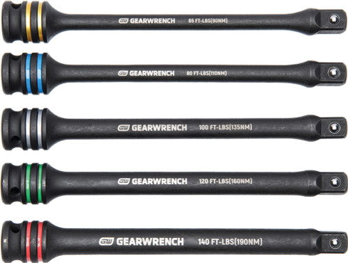 PG350 - 5-PC 1/2" DRIVE 8" LONG TORQUE LIMITING IMPACT EXTENSION BAR SET, 65, 80, 100, 120, 140 FT-LBS