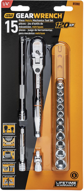 PG136 - 15-PC 1/4" DRIVE 120XP™ LOCKING FLEX HEAD RATCHET AND 6 POINT METRIC STUBBY SOCKET MECHANICS TOOL SET, 4-14MM