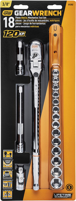 PG136 - 18-PC 3/8" DRIVE 120XP LOCKING FLEX HEAD RATCHET AND 6 POINT METRIC STUBBY SOCKET MECHANICS TOOL SET, 6-19MM