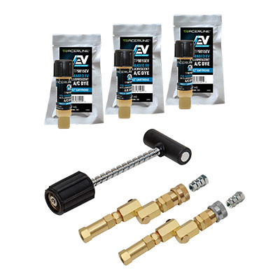 MINI-EZ POE-BASED EV A/C DYE INJECTION KIT WITH TP9815EV-P3 DYE CARTRIDGES (COMPATIBLE WITH R-134A AND R-1234YF EV SYSTEMS)