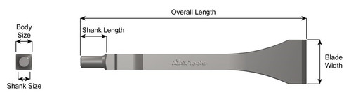 7 in (177.8 mm); 1-3/8 in (34.9 mm); Cleco Style Shank; Scaling Chisel