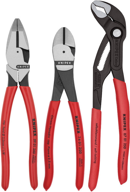 PG186 - 3-PC PRO PLIERS SET: 9 1/2" HIGH LEVERAGE LINEMAN’S PLIERS, 8" HIGH LEVERAGE DIAGONAL CUTTER, 10" COBRA® WATER PUMP PLIERS