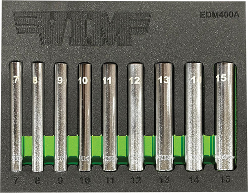 PG147 - 5 pièces PRISE 1/4" DOUILLES MÉTRIQUES EXTRA PROFONDES 6 PT. POUR PARE-CHOCS AUTOMOBILES, HEXAGONAL 8, 10, 11, 12, 14 MM.