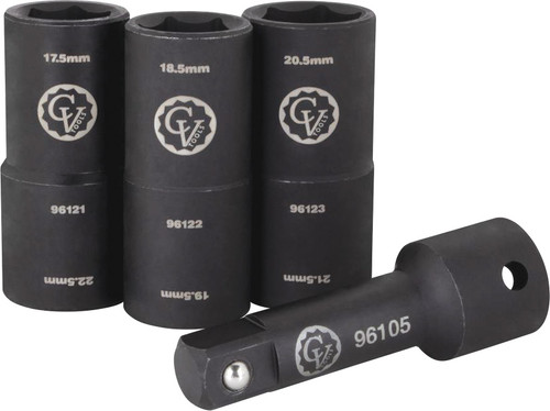 PG353 - 4 pièces 1/2 » DR. 6 PT. JEU DE DOUILLES BASCULANTES MÉTRIQUES ENDOMMAGÉES POUR ÉCROU DE ROUE DE 17,5, 18,5, 19,5, 20,5, 21,5, 22,5 MM & RALLONGE DE 3 »