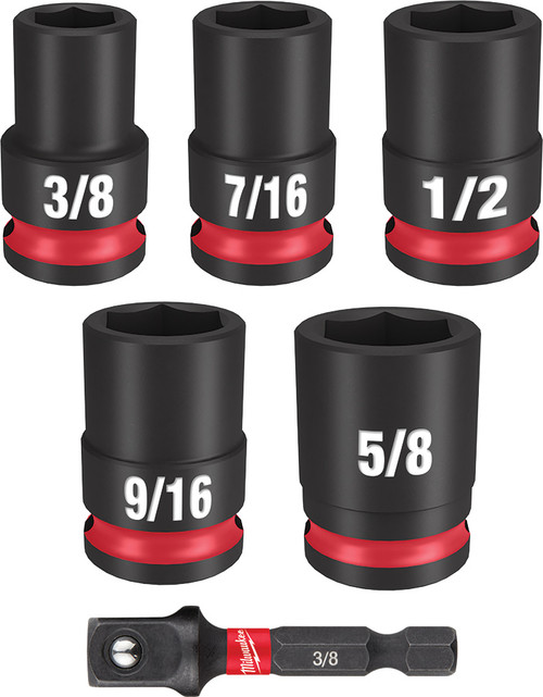 6-PC SHOCKWAVE IMPACT DUTY™ 3/8" DRIVE SAE STANDARD SOCKET SET, 3/8"-5/8" & 1/4" HEX TO 3/8" SQUARE SOCKET ADAPTER
