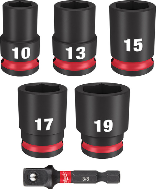 6-PC SHOCKWAVE IMPACT DUTY™ 3/8" DRIVE METRIC STANDARD SOCKET SET, 10MM-19MM & 1/4" HEX TO 3/8" SQUARE SOCKET ADAPTER