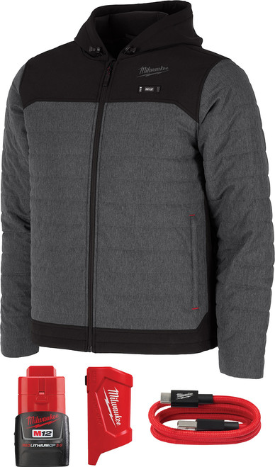 (2XL) GRAY AXIS HEATED JACKET KIT W/ M12 CP3.0 BATTERY/CHARGER/USB-C CABLE