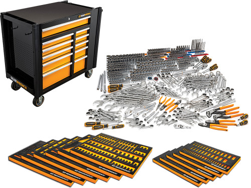 PG132 - ENSEMBLE D’OUTILS MANUELS DE TECHNICIEN MAÎTRE MEGAMOD DE 614 PIÈCES AVEC PLATEAUX EN MOUSSE MODULAIRES ET POSTE DE TRAVAIL MOBILE