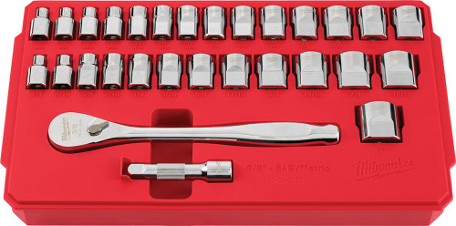 PG - 29-PC PRISE 3/8" MÉTRIQUE & SAE CLIQUET ET UN JEU DE DOUILLES AVEC QUATRE CÔTÉS PLATS™, (STANDARD 1/4 »-1 », 6-19 MM)