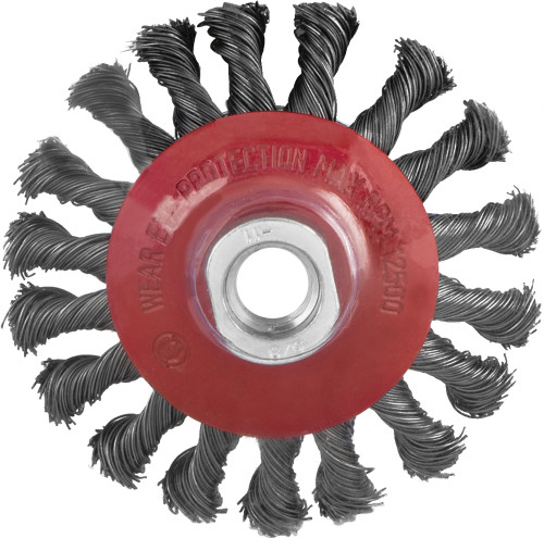 PG114 - 4" KNOTTED BEVEL WIRE WHEEL, 5/8"-11 ARBOR SIZE, 12,500 RPM
