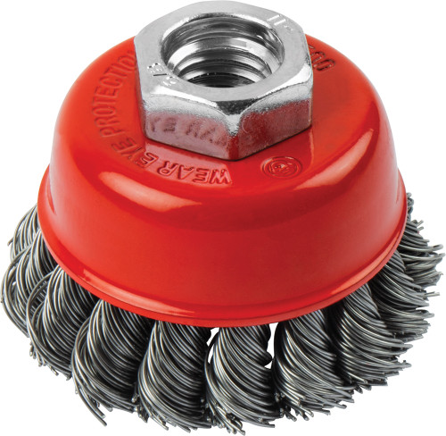 PG113 - 2.5" KNOTTED WIRE BOWL CUP BRUSH, 5/8"-11 ARBOR SIZE, 12,500 RPM