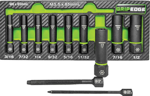 PG110 - 9-PC 1/4" DRIVE SAE RPT SOCKET EXTRACTOR WITH FORS SET (DEEP LENGTH), 3/16-1/2" + M3.5 & M6 FORS PUSHER RODS