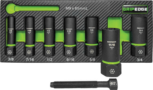 PG126 - 7 pièces PRISE 3/8" Extracteur de douilles SAE RPT avec jeu Fors (longueur profonde), 3/8-3/4" + tige de poussée Fors M9