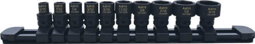 PG148 - 10-PC 1/4" DRIVE 6-PT. SAE LOW PROFILE NANO IMPACT SOCKET SET ON A RAIL, 3/16"-9/16", 11MM OUTSIDE HEX