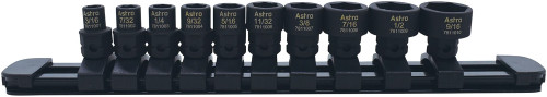 PG140 - 10-PC 1/4" DRIVE 6-PT. SAE LOW PROFILE NANO IMPACT SOCKET SET ON A RAIL, 3/16"-9/16", 11MM OUTSIDE HEX