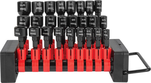PG182 - 25-PC SAE IMPACT NUT DRIVER SET W/STORAGE RACK, 1.5" LONG: 3/16"-1/2" (NON-MAGNETIC); 2" LONG (MAGNETIC): 1/4"-1/2"; 2.5" LONG (MAGNETIC): 1/4"-9/16"