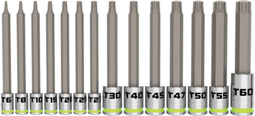 PG115 - 14-PC 1/4", 3/8", 1/2" DR. LONG RPT TORX BIT SOCKET SET, T6-T60