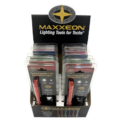 MAXXEON WORKSTAR RECHARGABLE LED ZOOM PENLIGHT/INSPECTION LIGHT USB-C MIXED DISPLAY OF RED, ORANGE, GREEN, BLUE, PINK AND SILVER (2 PER COLOR) - PACK OF 12