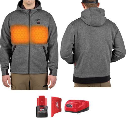 M12™ HEATED HOODIE WITH HEXON HEAT TECHNOLOGY™ KIT, (1) BATTERY HOLDER, (1) CP2.0 BATTERY, (1) CHARGER, GRAY (SMALL)