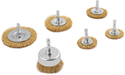 PG106 - 6-PC CRIMPED WIRE BRUSH ASSORTMENT, BRASS COATED CARBON STEEL, 1/4" HEX SHANK