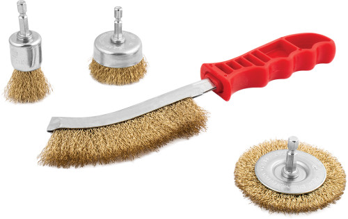 PG113 - ASSORTIMENT DE BROSSES MÉTALLIQUES SERTIES DE 4 PIÈCES, ACIER AU CARBONE RECOUVERT DE LAITON, TIGE HEXAGONALE DE 1/4" + BROSSE À MAIN