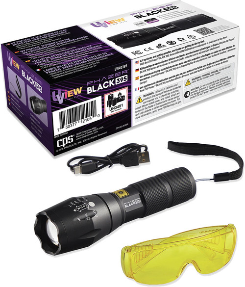 PG19 - PHAZER™ BLACK 395 - VOYANT RECHARGEABLE DE DÉTECTION DE FUITE UV, PUISSANCE UV 4789, LUNETTES INCLUSES ET CÂBLE USB-C