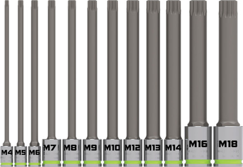PG110 - 12-PC 1/4 », 3/8 », PRISE 1/2" ENSEMBLE DE HAUT-LE-VOLANT TRIPLE CARRÉ RPT EXTRA-LONG, M4-M18