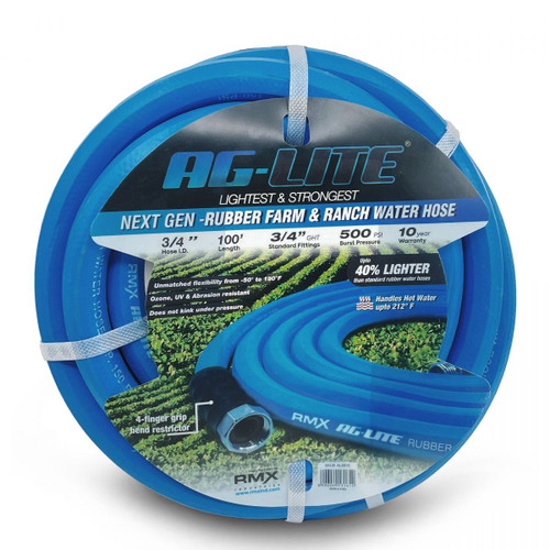 AG-Lite 100% Premium Rubber Water Hose Assembly 3/4" X 100', 3/4" Male and Female GHT Fittings.  500 PSI Burst Rating.  Includes Extra Washer and Bend Restrictor