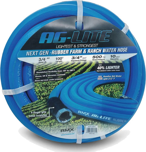 PG109 - AG-LITE 100% PREMIUM RUBBER WATER HOSE ASSEMBLY 3/4" X 100', 3/4" MALE & FEMALE GHT FITTINGS. 500 PSI BURST RATING. INCLUDES EXTRA WASHER & BEND RESTRICTOR.