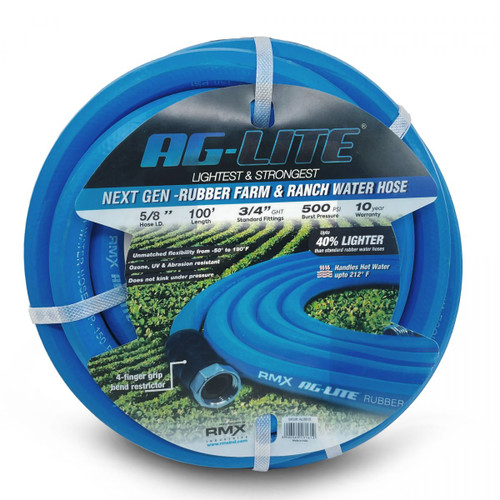 AG-Lite 100% caoutchouc de qualité supérieure Tuyau d’eau 5/8 » x 100', 3/4 » raccords GHT mâles et femelles.  Indice de rafale de 500 PSI.  Comprend une rondelle supplémentaire et un limiteur de courbure
